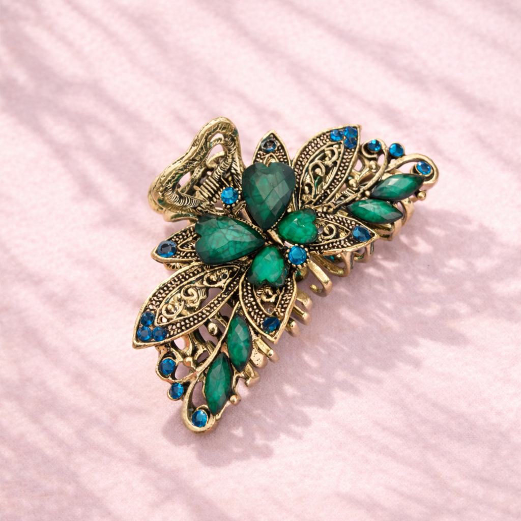 Vintage kovový skřipec do vlasů se zelenými kameny3